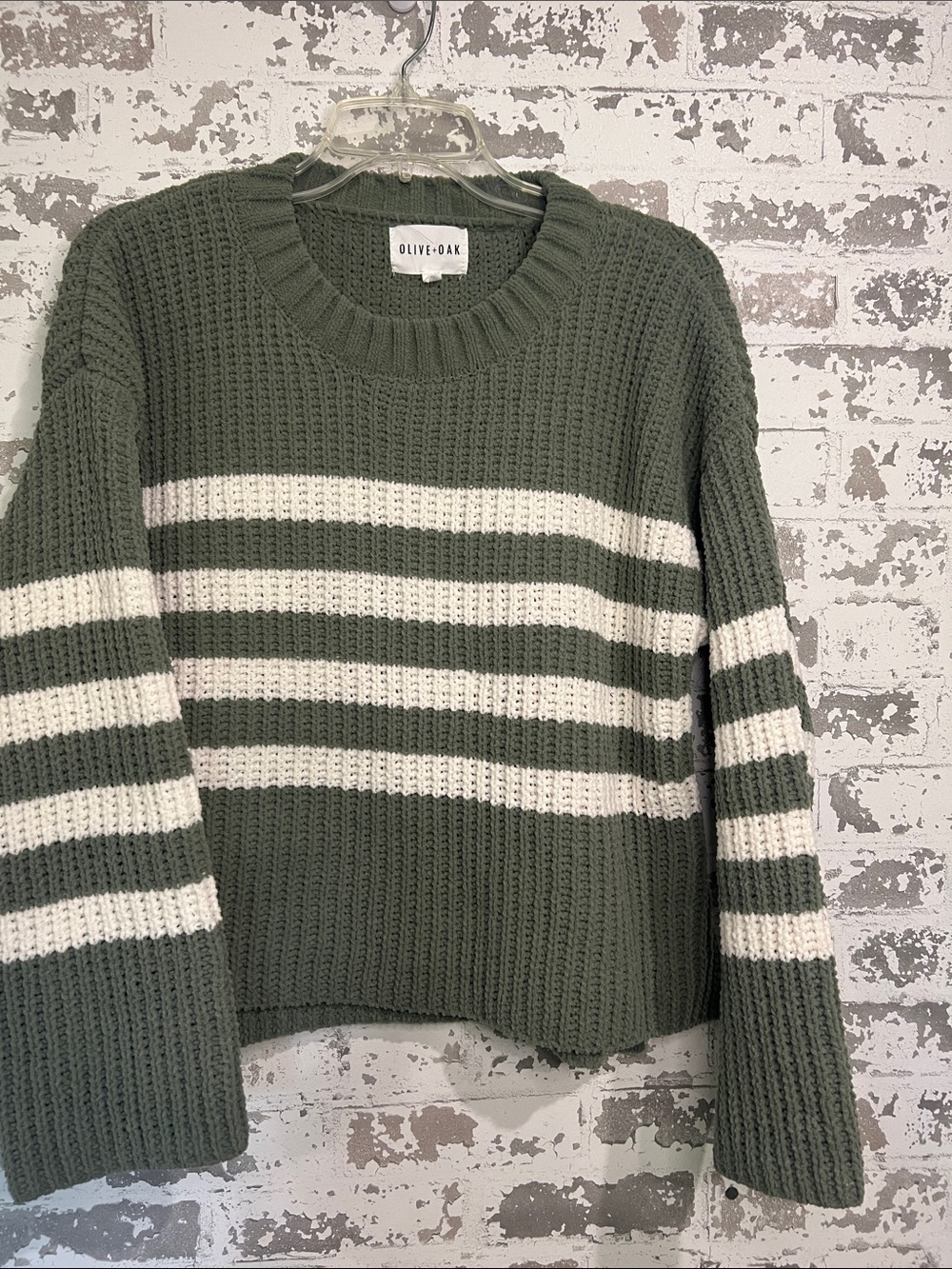Olive & Oak Green and Cream Striped Chunky Crewneck Sweater